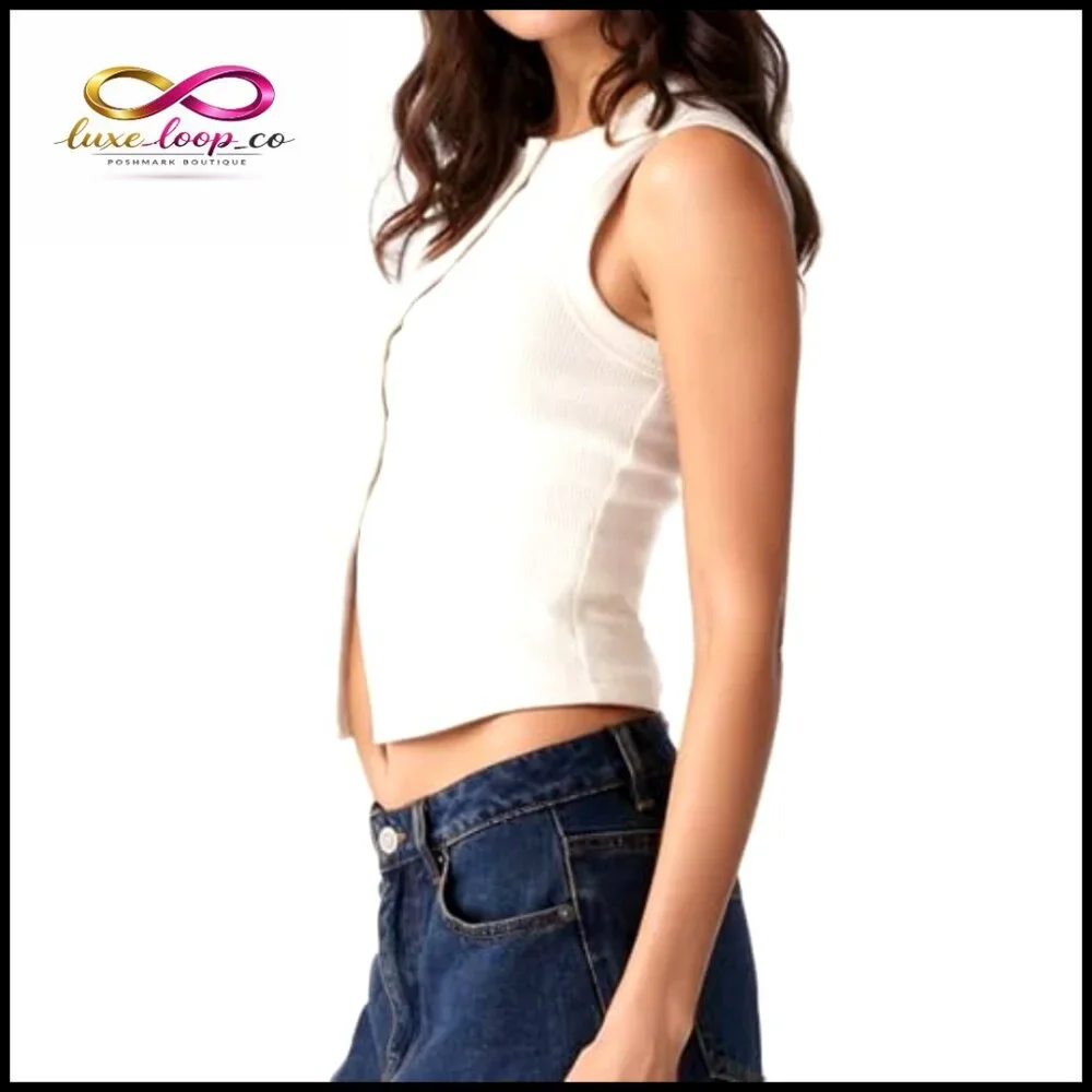 Slim Fit Ribbed Button Down Tank Top Crop Vest Sleeveless Summer - Picture 3 of 7